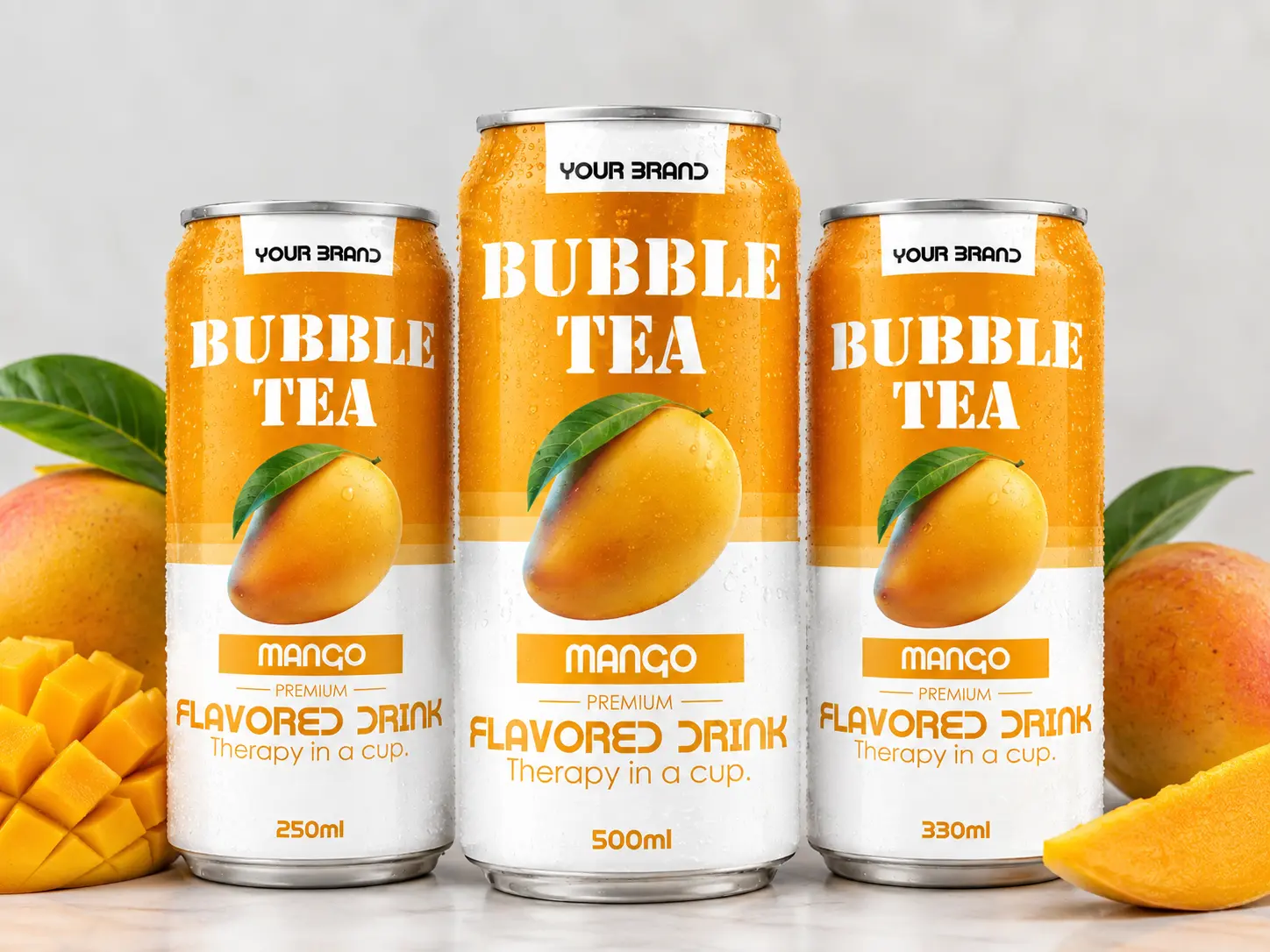 BUBBLE TEA Mango flavored drink shown in 250ml, 500ml, and 330ml cans.